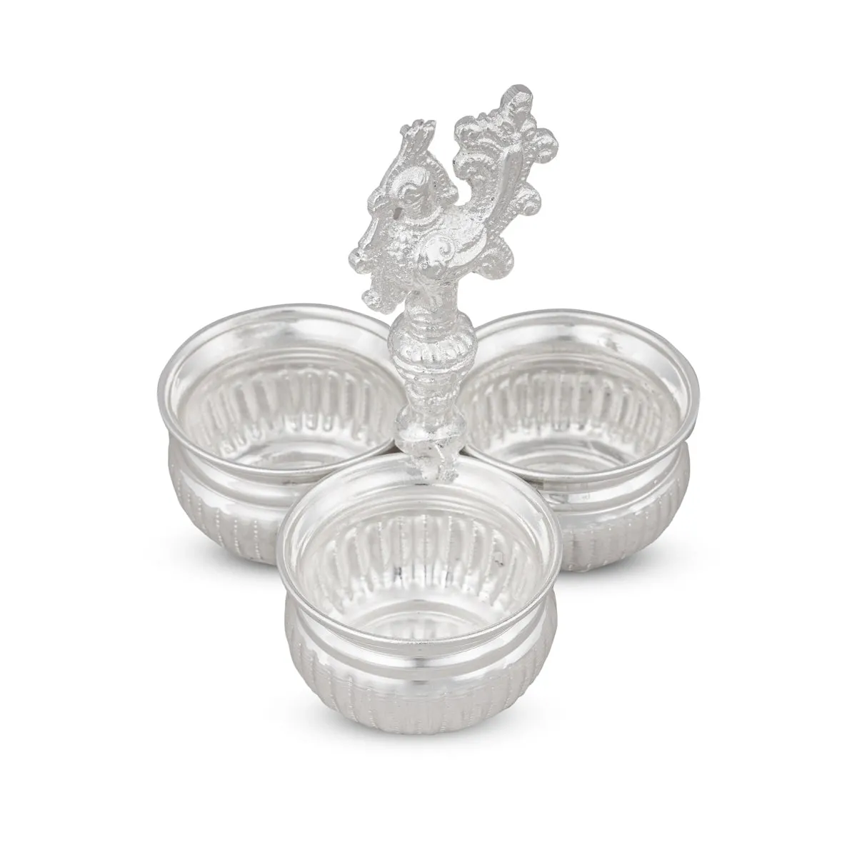 3 Cups Chomukha With Annam Handle - 5.5 x 4.5 Inches | German Silver Panchwala/ Kumkum Holder for Pooja/ 300 Gms
