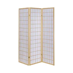 3 Panel Foldable Wooden Frame Room Divider with Grid Design, Brown By Casagear Home