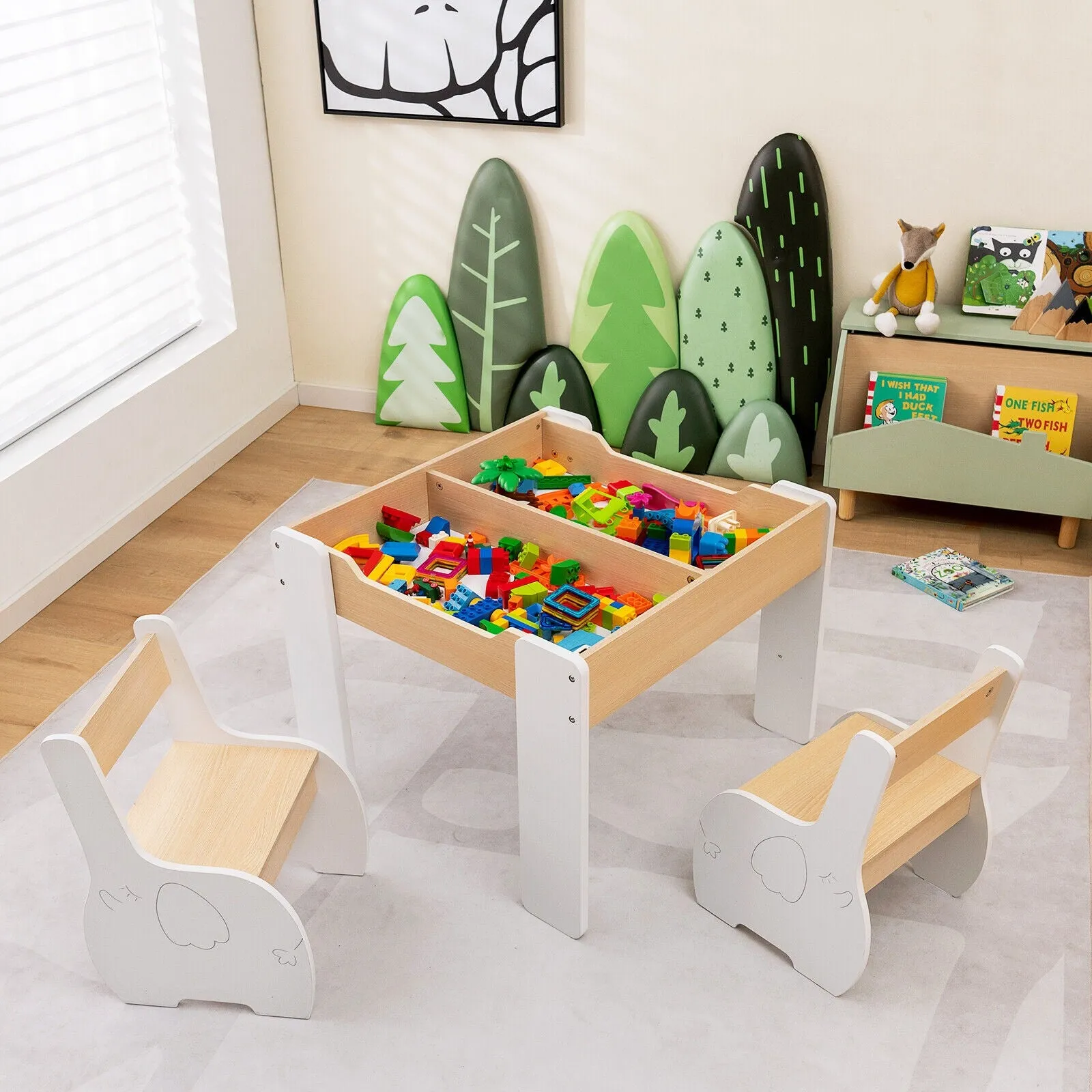 4-in-1 Wooden Activity Kids Table and Chairs with Storage and Detachable Blackboard - White