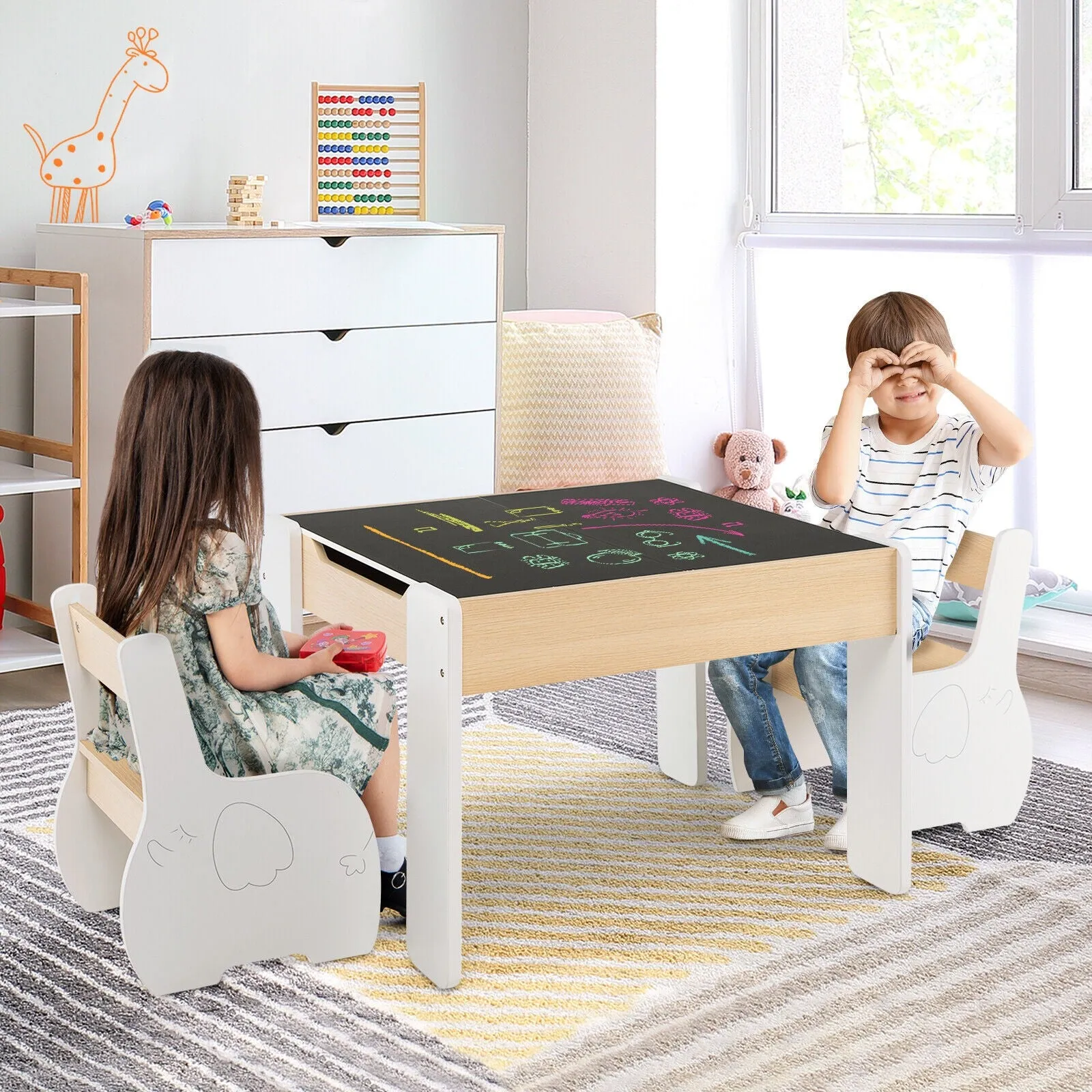 4-in-1 Wooden Activity Kids Table and Chairs with Storage and Detachable Blackboard - White