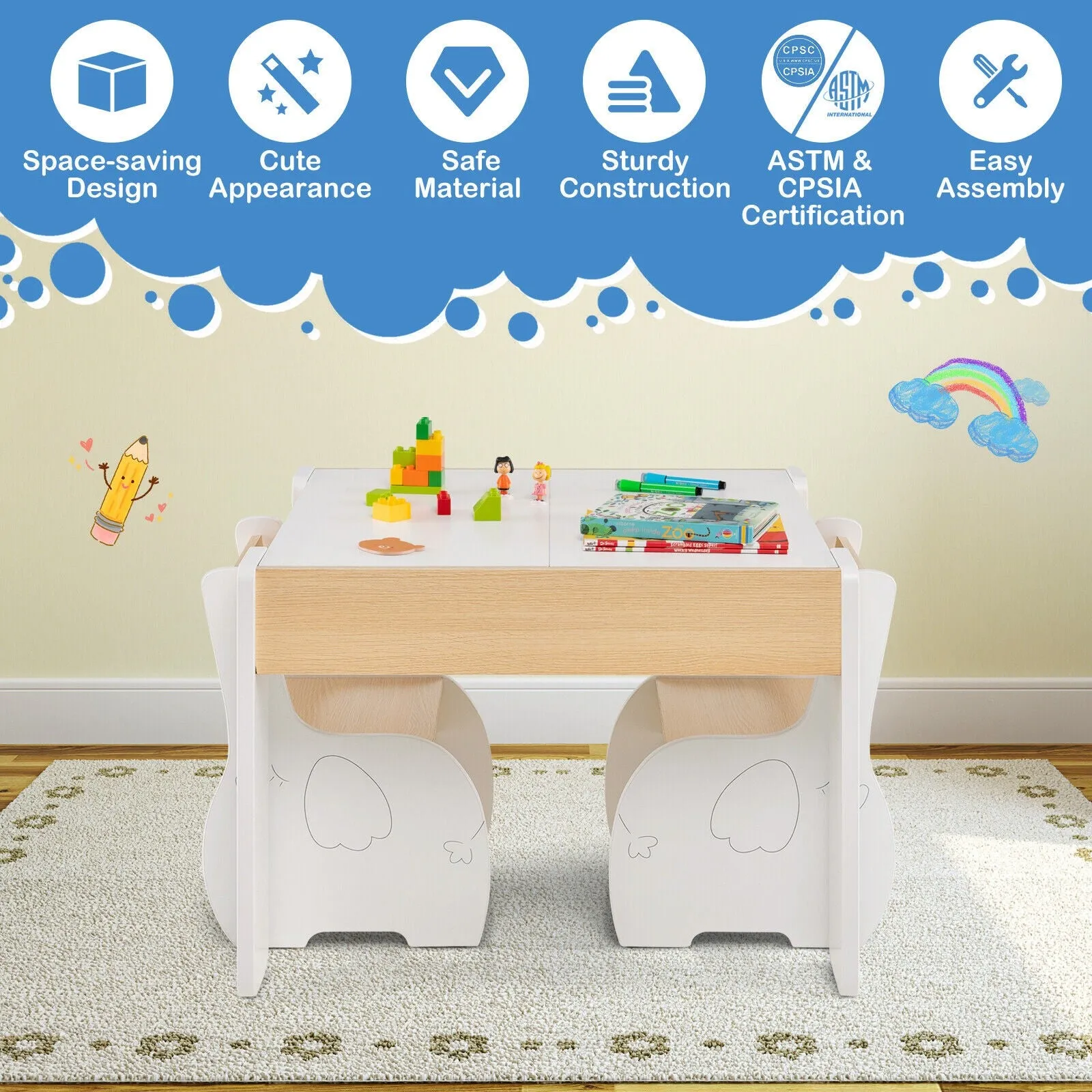 4-in-1 Wooden Activity Kids Table and Chairs with Storage and Detachable Blackboard - White