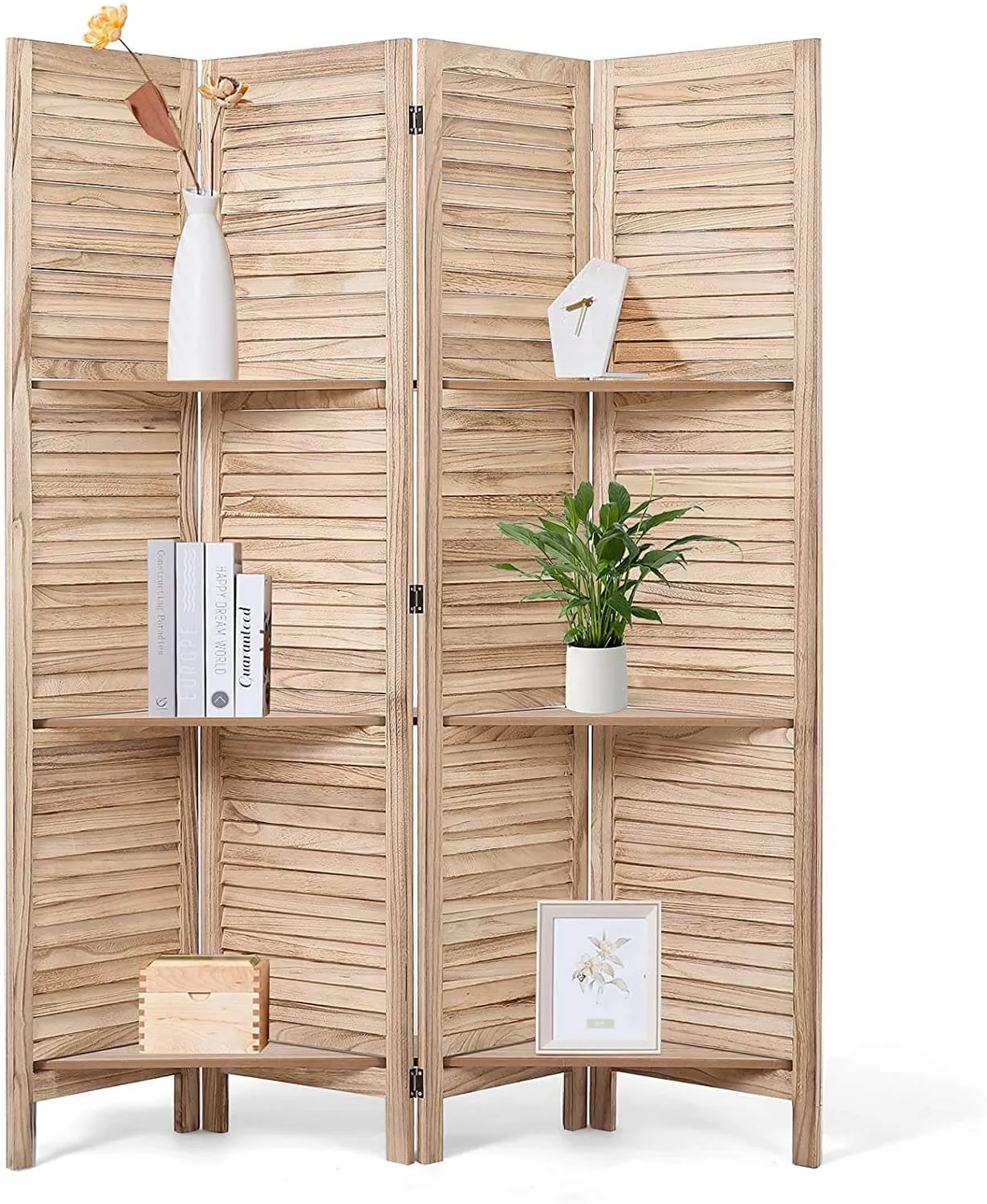 4 Panels Room Divider 5.6 FT Privacy Screen with Storage Shelves, Natural