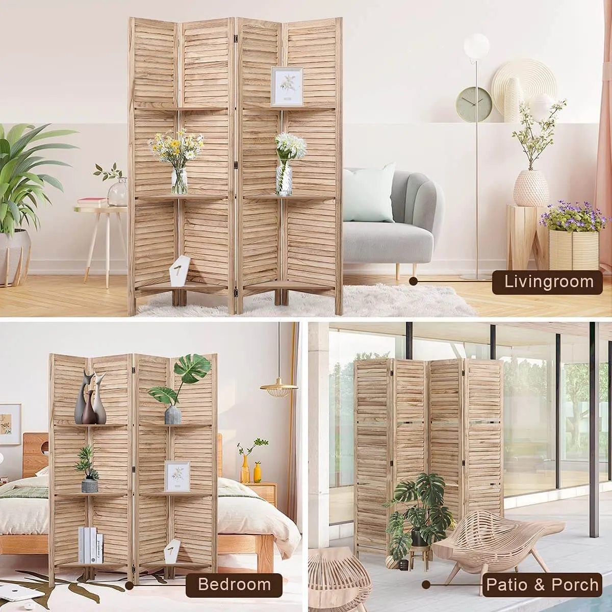 4 Panels Room Divider 5.6 FT Privacy Screen with Storage Shelves, Natural