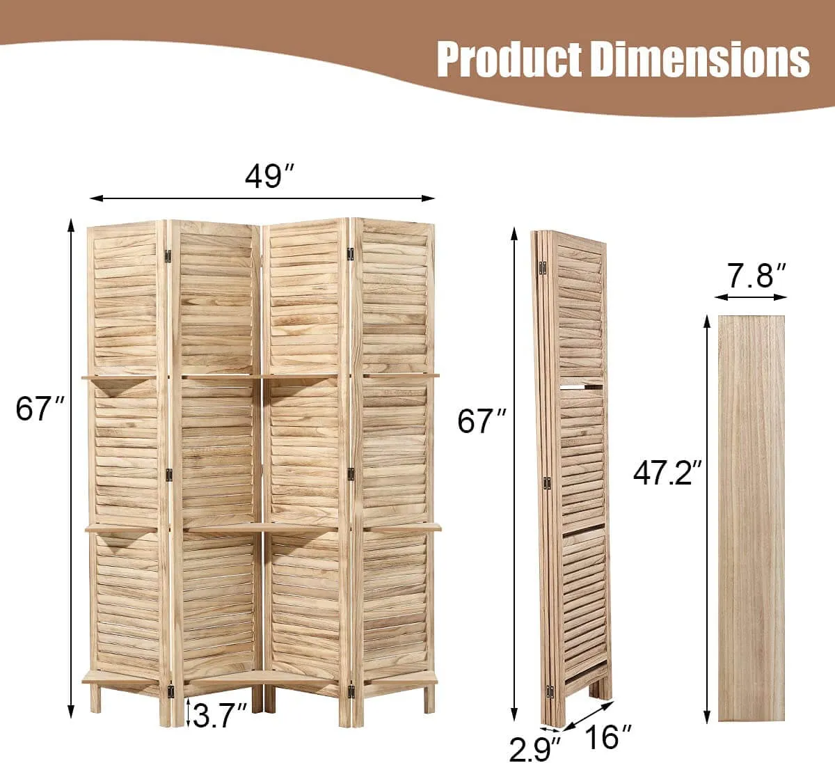 4 Panels Room Divider 5.6 FT Privacy Screen with Storage Shelves, Natural
