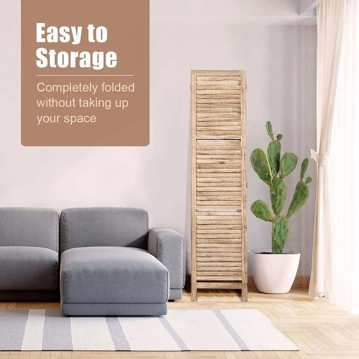 4 Panels Room Divider 5.6 FT Privacy Screen with Storage Shelves, Natural