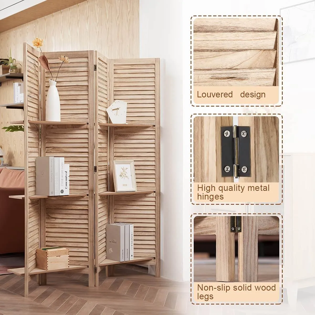 4 Panels Room Divider 5.6 FT Privacy Screen with Storage Shelves, Natural