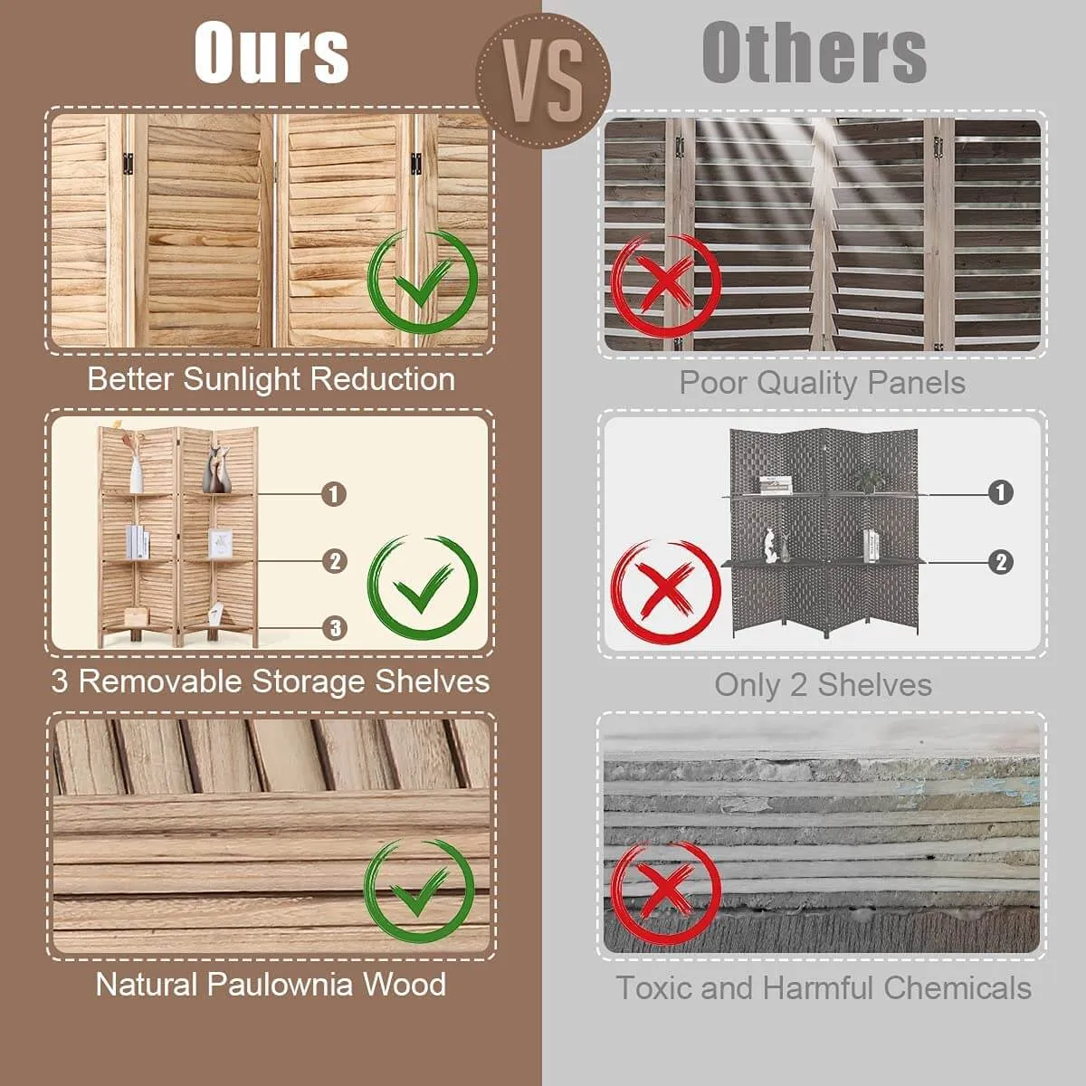4 Panels Room Divider 5.6 FT Privacy Screen with Storage Shelves, Natural