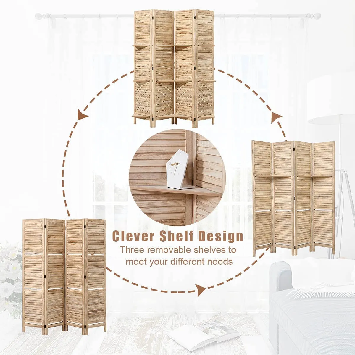 4 Panels Room Divider 5.6 FT Privacy Screen with Storage Shelves, Natural