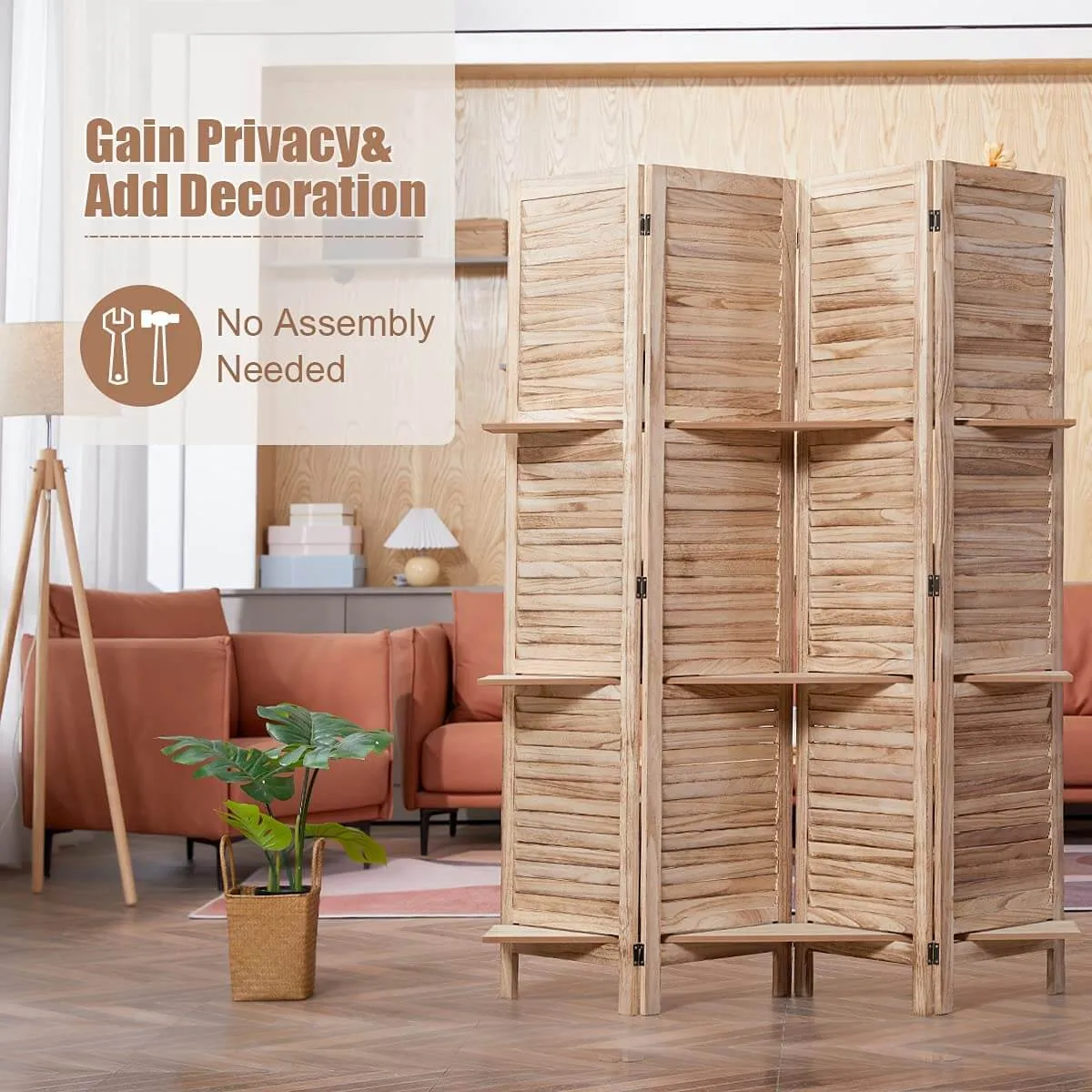 4 Panels Room Divider 5.6 FT Privacy Screen with Storage Shelves, Natural