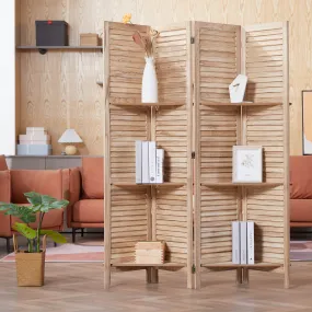 4 Panels Room Divider 5.6 FT Privacy Screen with Storage Shelves, Natural