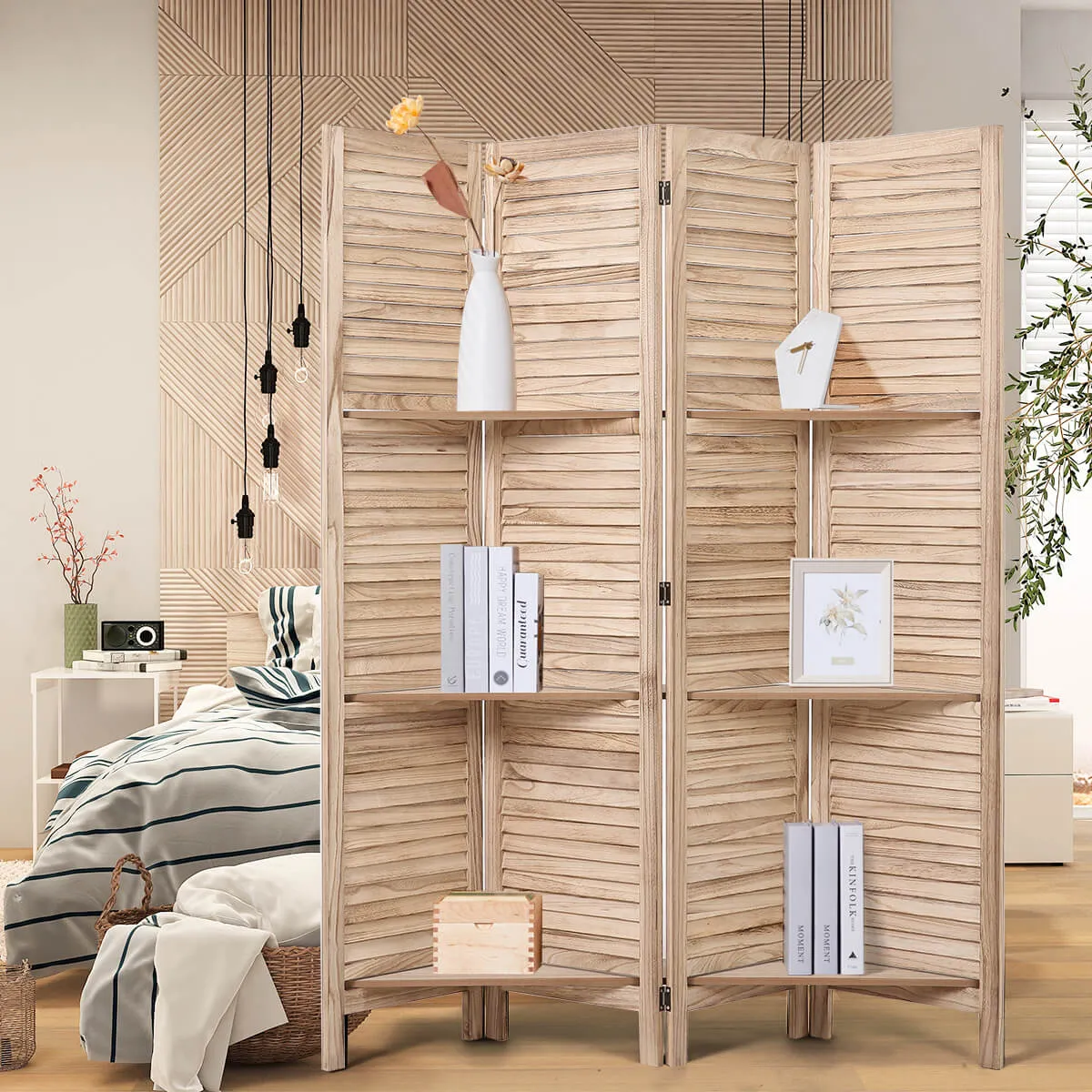 4 Panels Room Divider 5.6 FT Privacy Screen with Storage Shelves, Natural