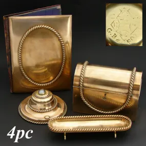 4pc Antique Victorian Gilt Desk Set: Inkwell, Stationery Casket, Folio, Pen Tray