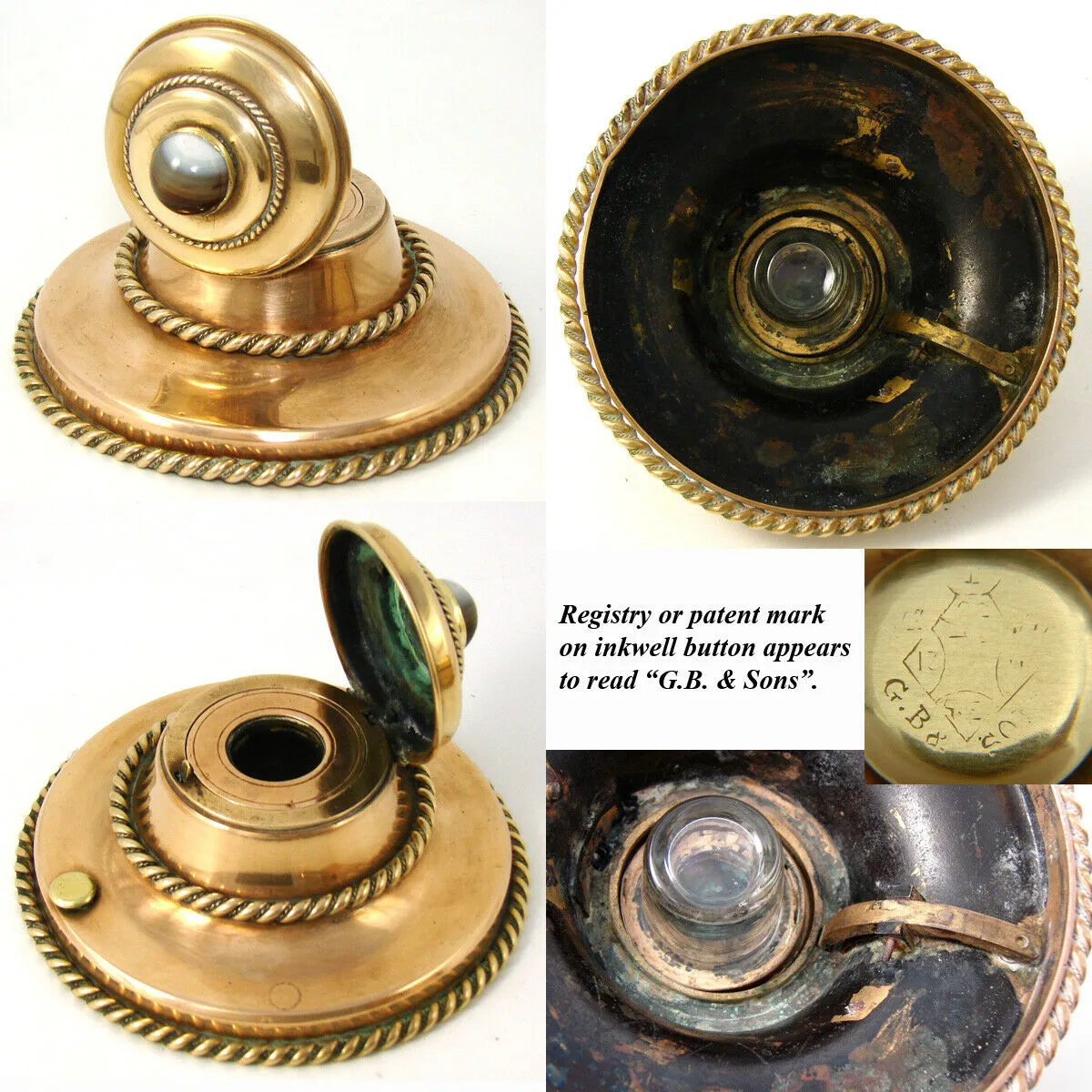 4pc Antique Victorian Gilt Desk Set: Inkwell, Stationery Casket, Folio, Pen Tray