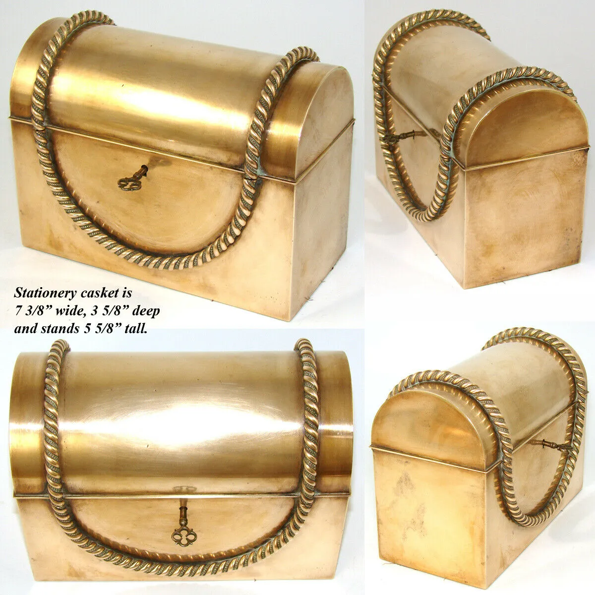 4pc Antique Victorian Gilt Desk Set: Inkwell, Stationery Casket, Folio, Pen Tray