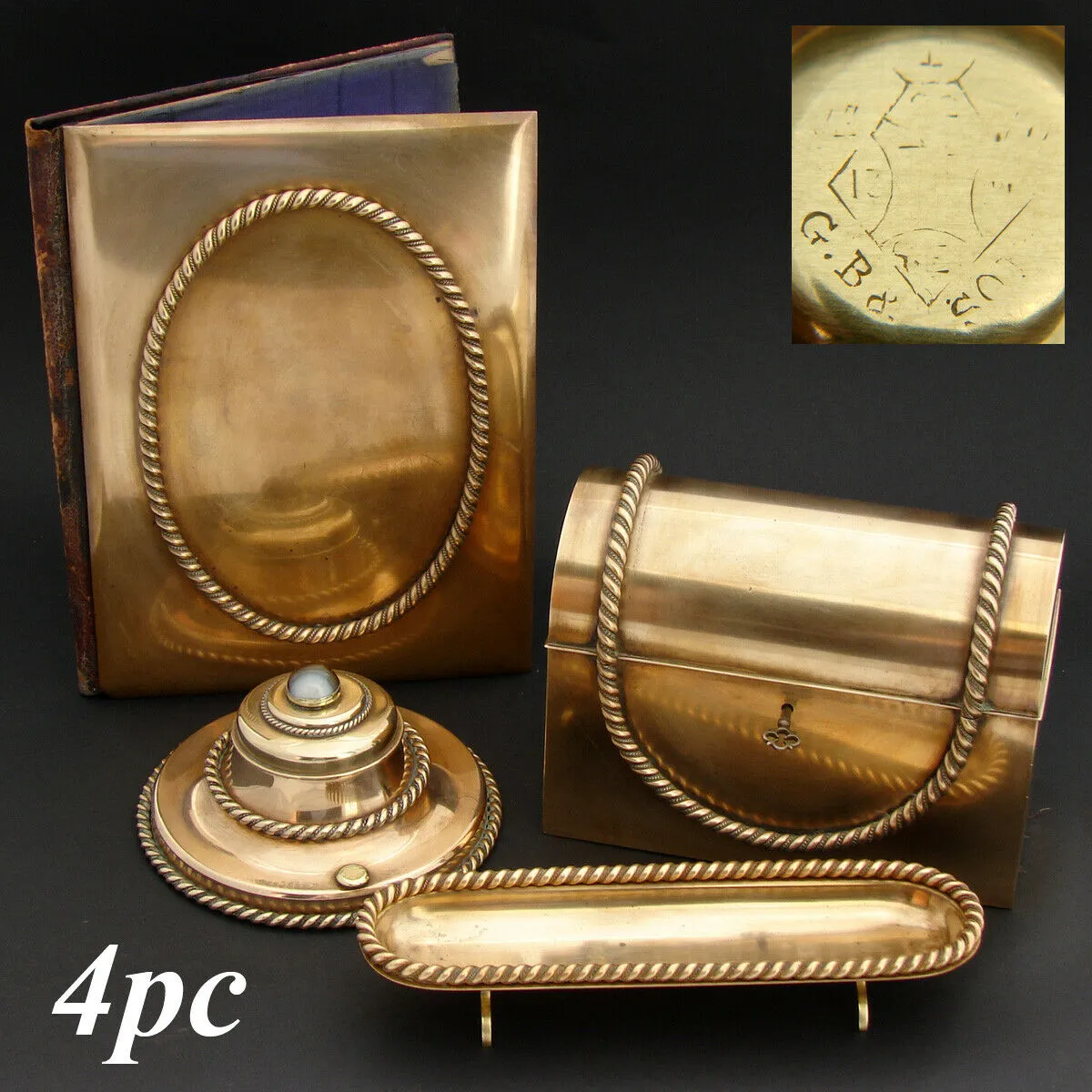 4pc Antique Victorian Gilt Desk Set: Inkwell, Stationery Casket, Folio, Pen Tray