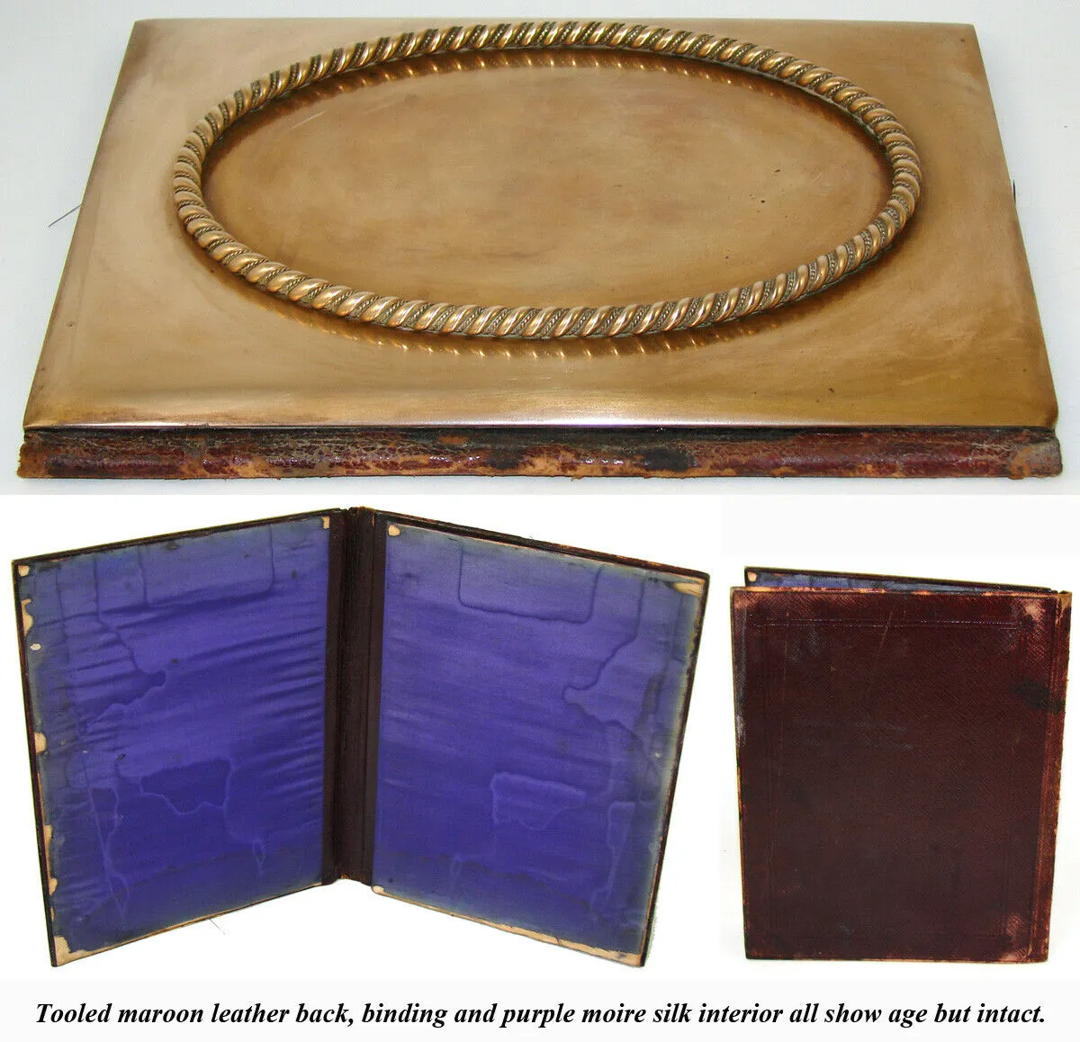 4pc Antique Victorian Gilt Desk Set: Inkwell, Stationery Casket, Folio, Pen Tray
