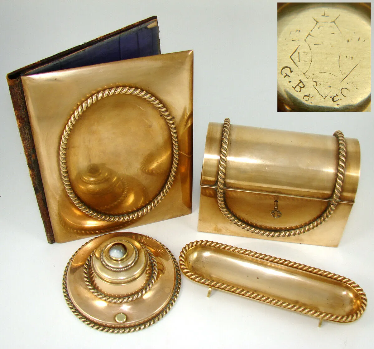 4pc Antique Victorian Gilt Desk Set: Inkwell, Stationery Casket, Folio, Pen Tray