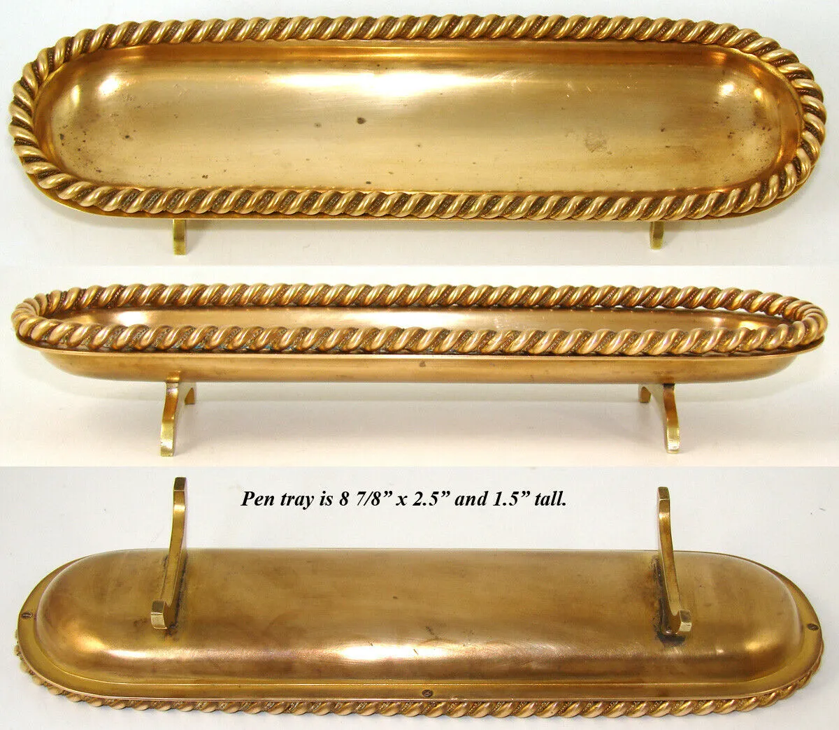 4pc Antique Victorian Gilt Desk Set: Inkwell, Stationery Casket, Folio, Pen Tray
