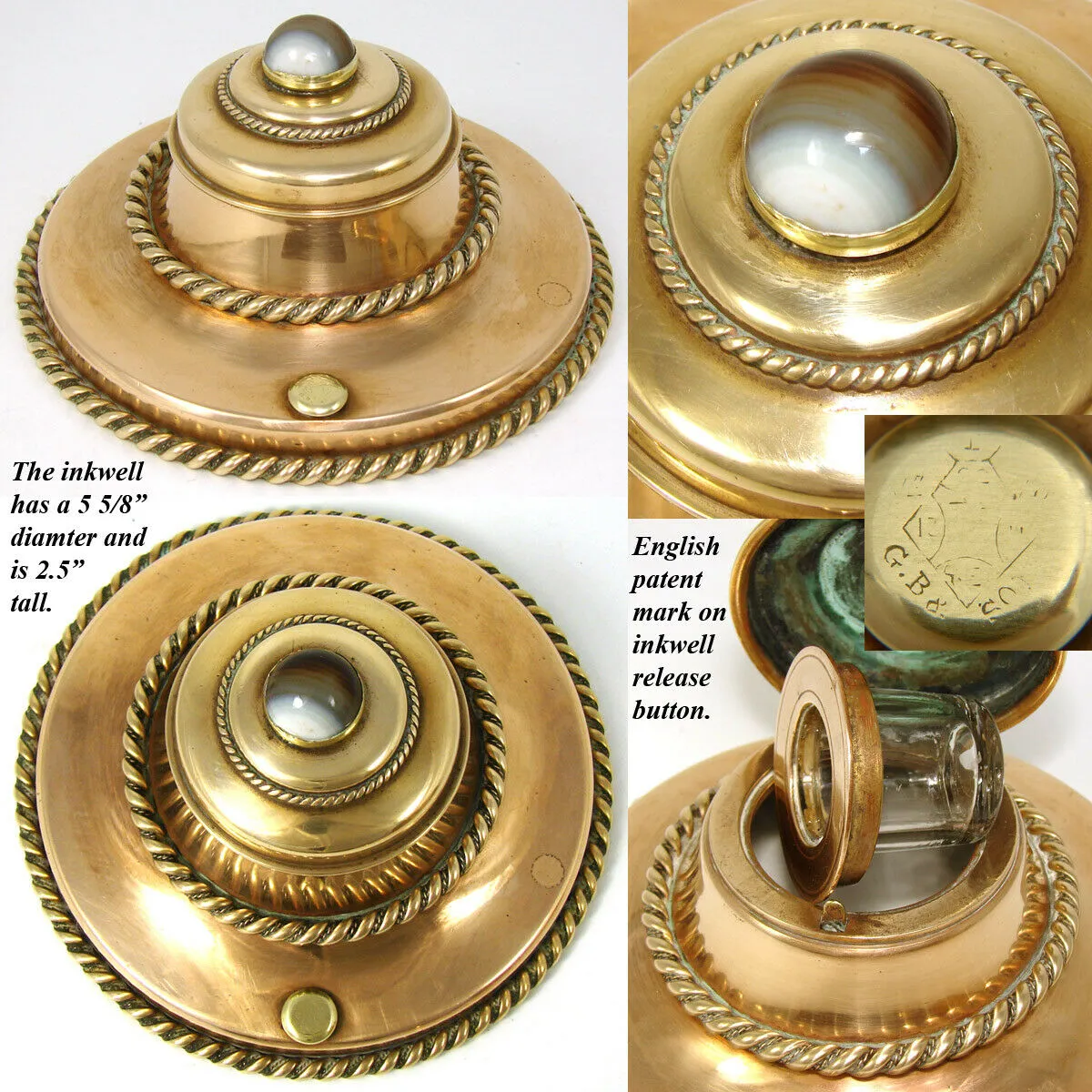 4pc Antique Victorian Gilt Desk Set: Inkwell, Stationery Casket, Folio, Pen Tray