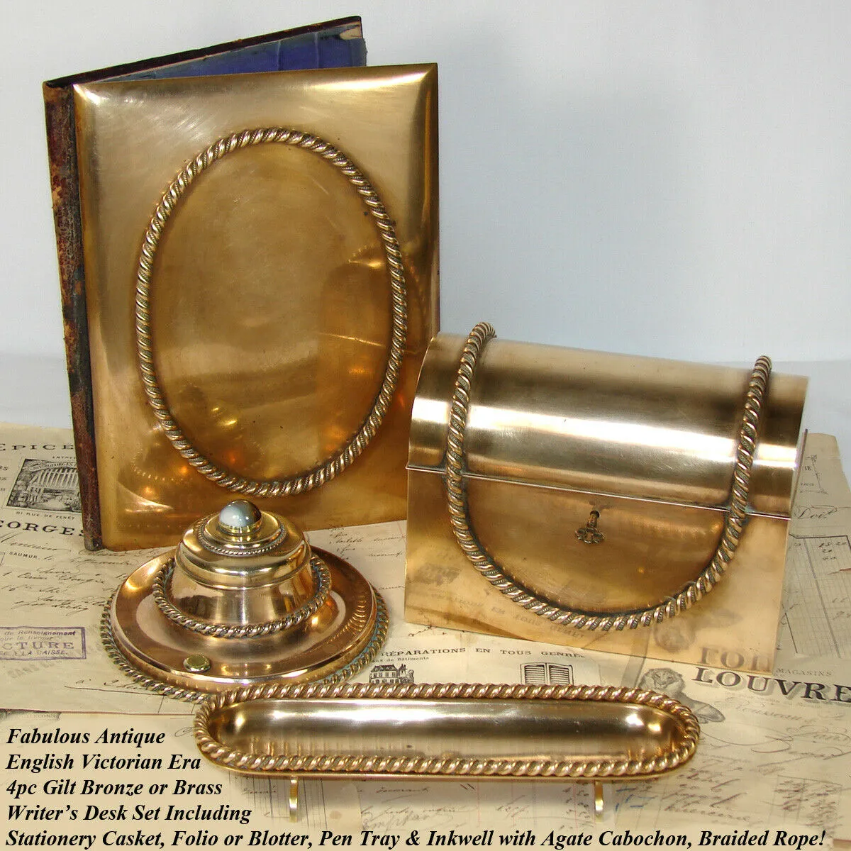4pc Antique Victorian Gilt Desk Set: Inkwell, Stationery Casket, Folio, Pen Tray