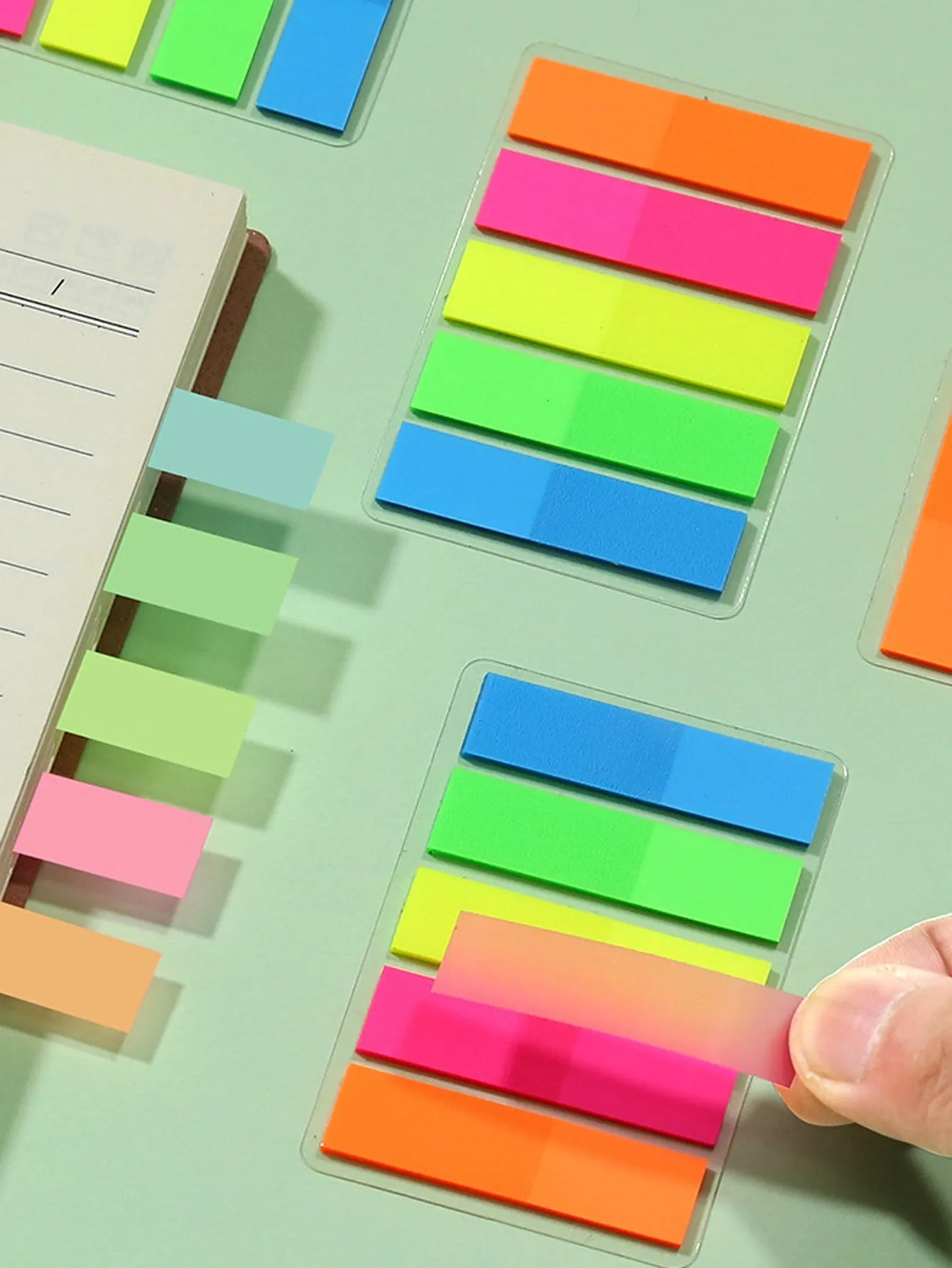 5pcs Ultra Fine Index Tabs Transparent Tear-off Sticky Tape Note Waterproof Writable Colorful Highlighter, Five Colors