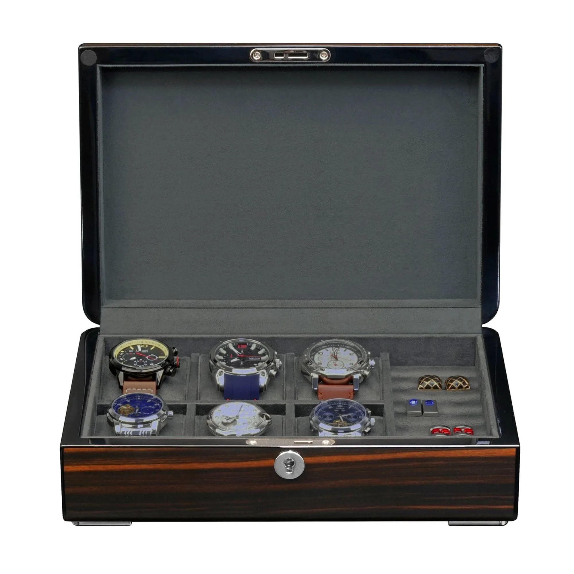 6 Slots Watch Box with Cufflinks Storage and Lock in Wooden Ebony
