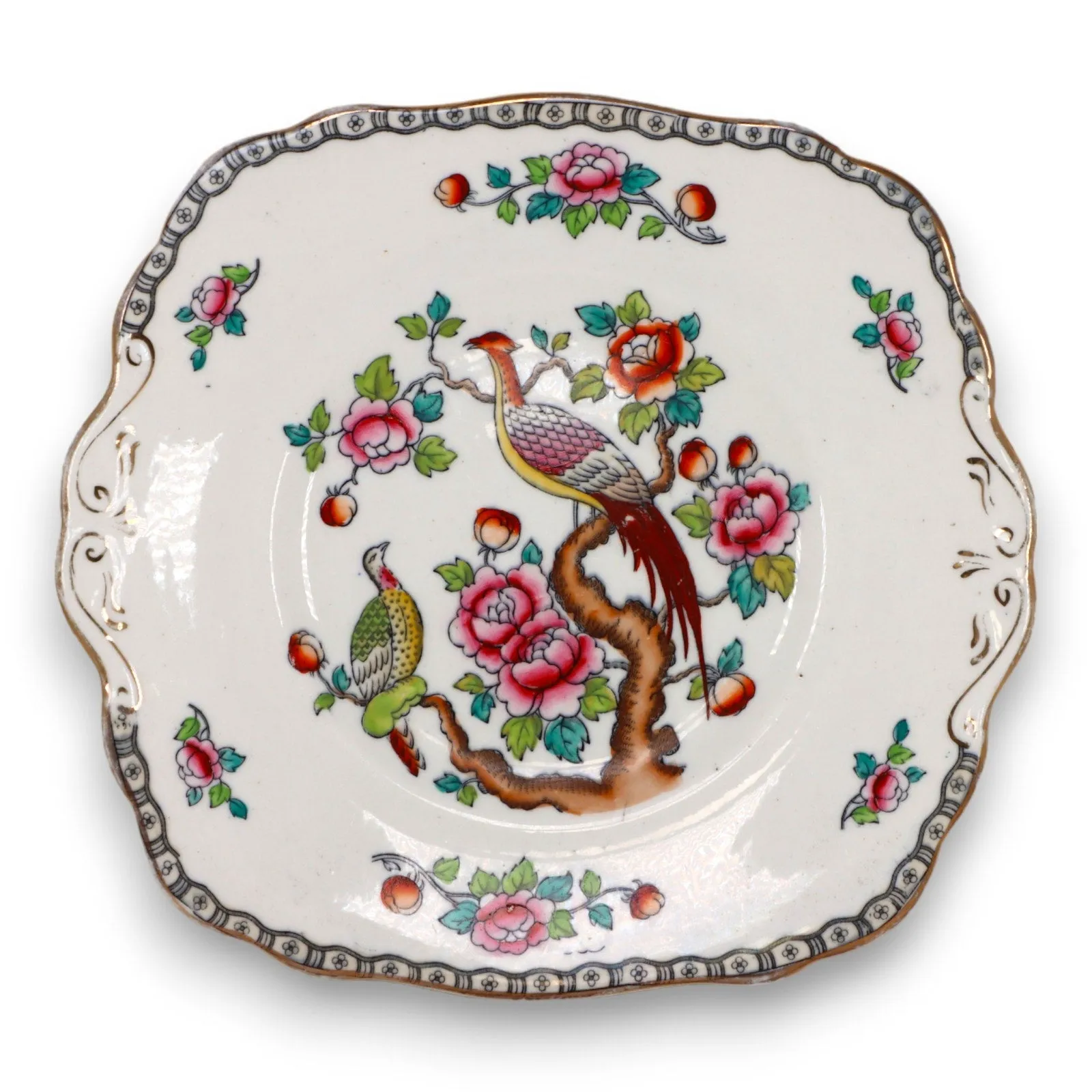Allertons Asiatic Birds Indian Tree 9 3/8" Cake Plate Handled England 1911-1942