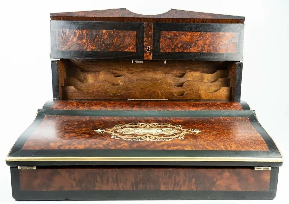 Antique French Ecritoire Writer's Desk, Chest, 13" Napoleon III Era, Exotic Woods, Boulle