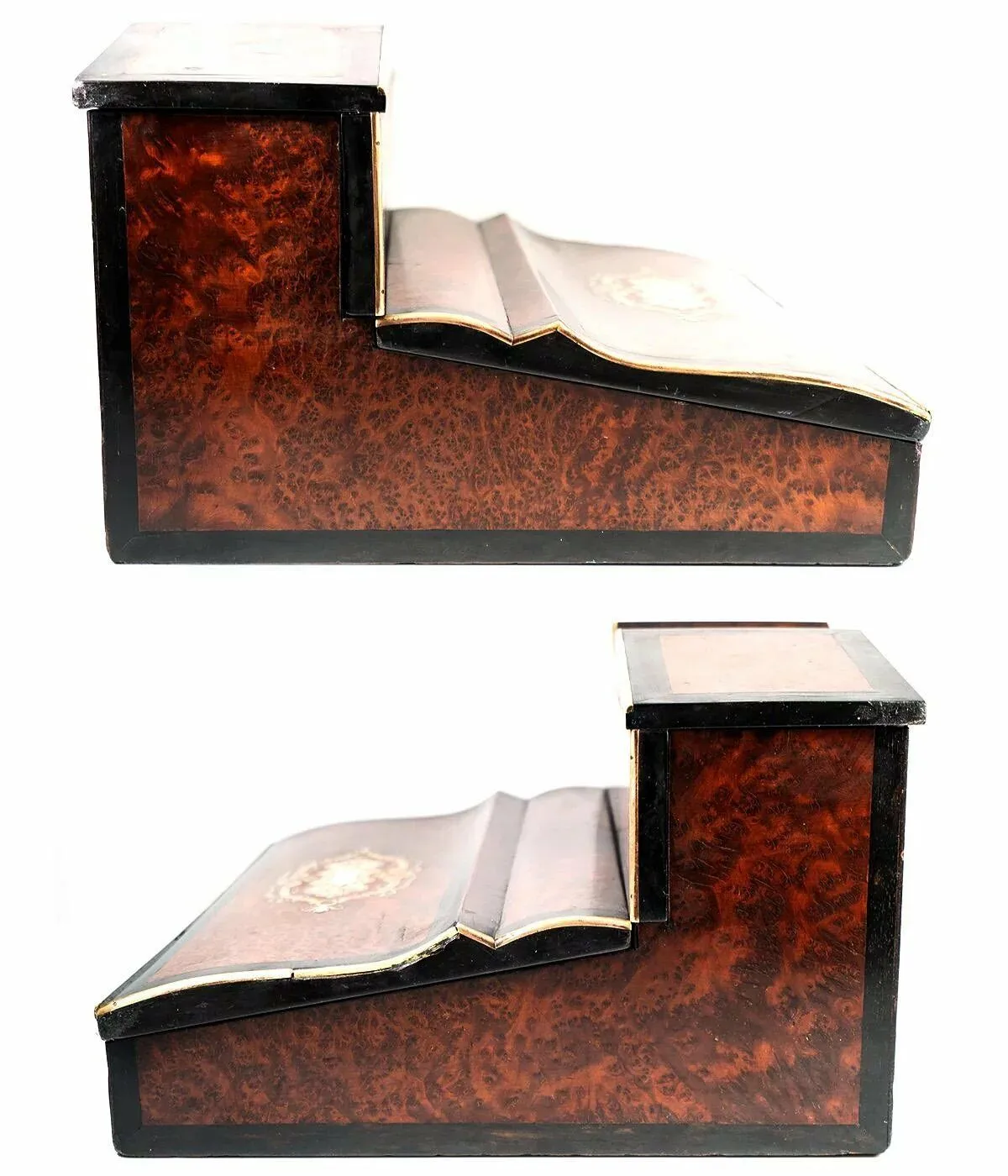 Antique French Ecritoire Writer's Desk, Chest, 13" Napoleon III Era, Exotic Woods, Boulle