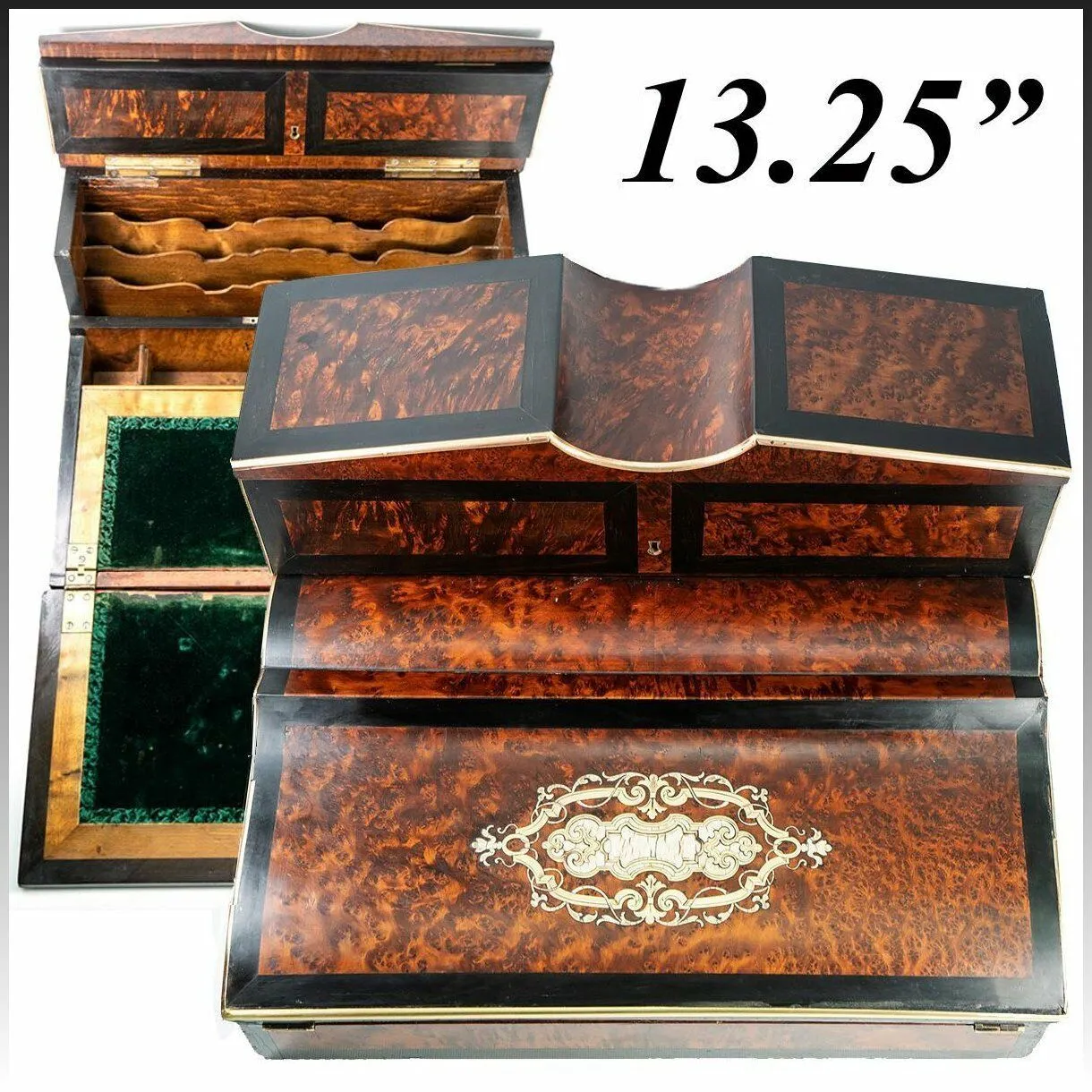 Antique French Ecritoire Writer's Desk, Chest, 13" Napoleon III Era, Exotic Woods, Boulle