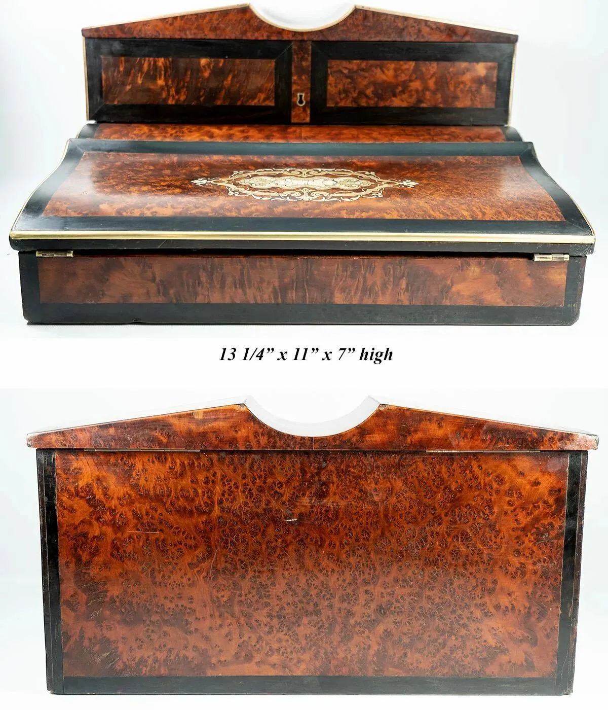 Antique French Ecritoire Writer's Desk, Chest, 13" Napoleon III Era, Exotic Woods, Boulle