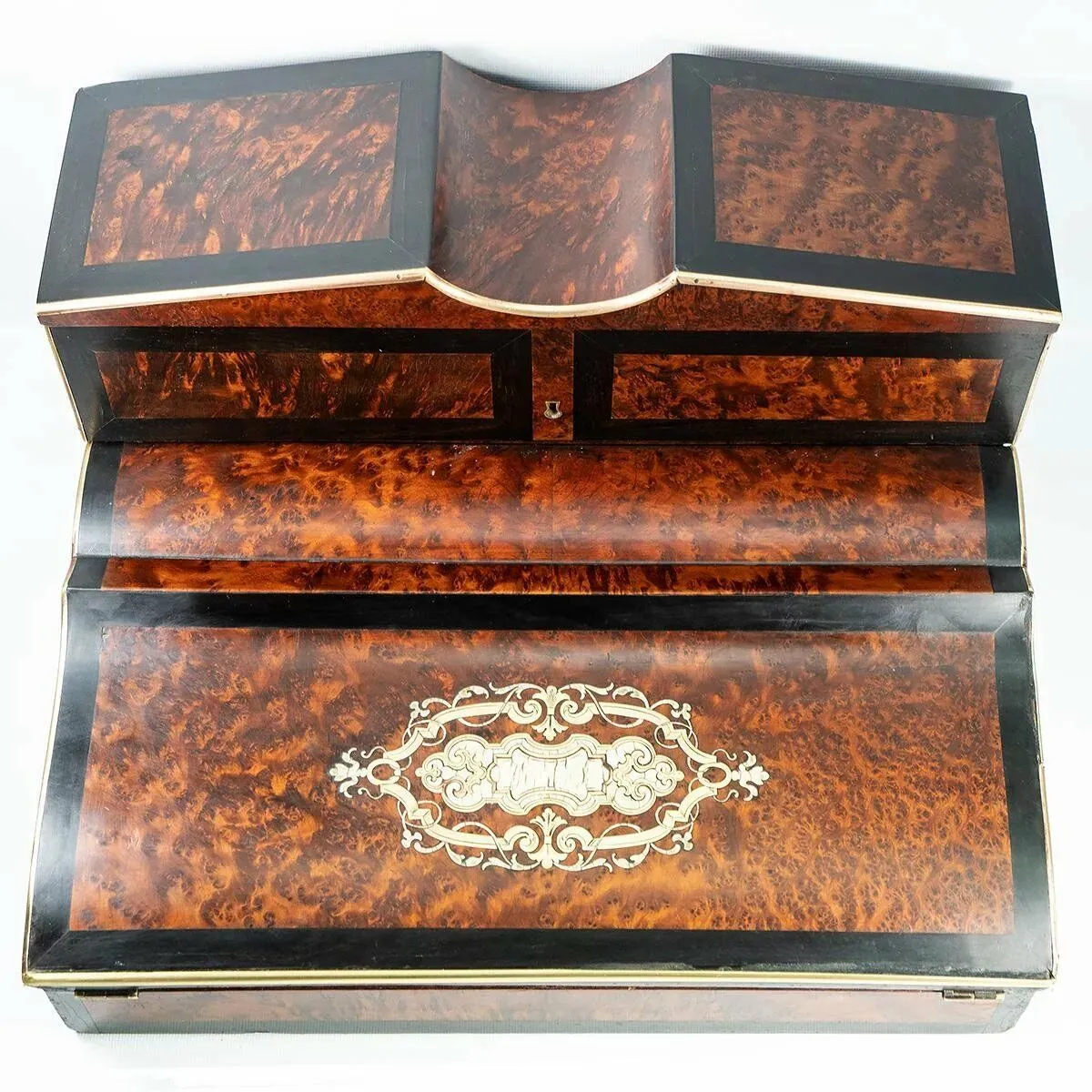 Antique French Ecritoire Writer's Desk, Chest, 13" Napoleon III Era, Exotic Woods, Boulle
