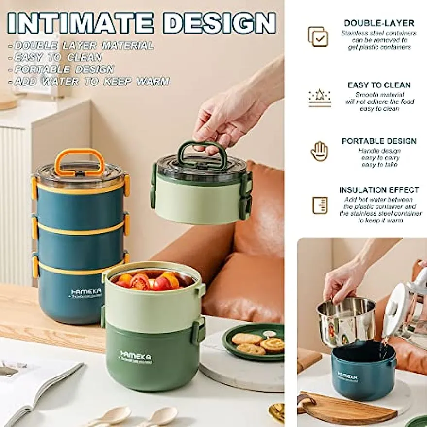 Aroplor Stainless Steel Lunch Box for Adults,3 Layers Insulated Bento Box Japanese Leakproof Divided Food Meal Storage Containers, Portable Cutlery Set Snack Container Outdoor Picnic Green