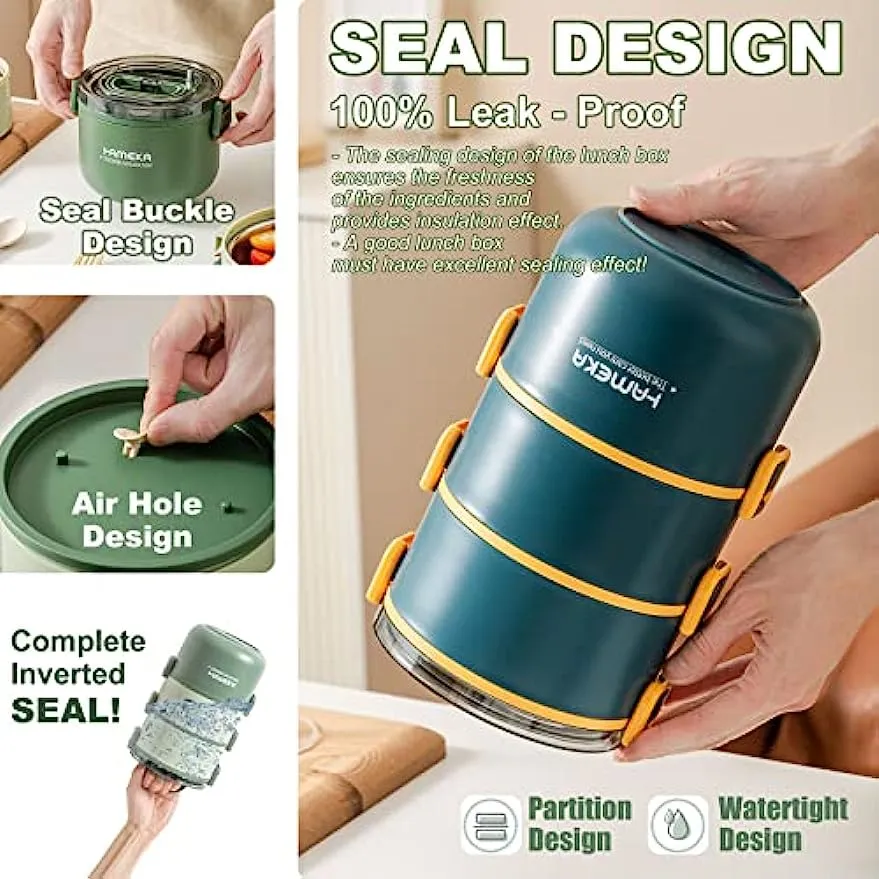 Aroplor Stainless Steel Lunch Box for Adults,3 Layers Insulated Bento Box Japanese Leakproof Divided Food Meal Storage Containers, Portable Cutlery Set Snack Container Outdoor Picnic Green