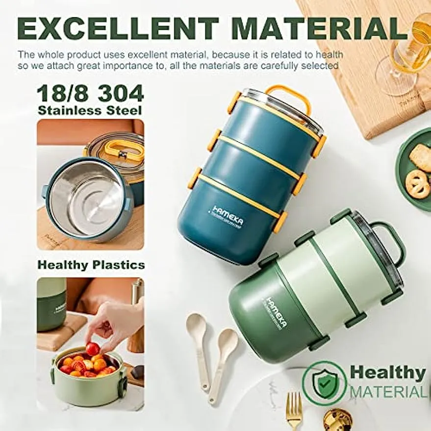Aroplor Stainless Steel Lunch Box for Adults,3 Layers Insulated Bento Box Japanese Leakproof Divided Food Meal Storage Containers, Portable Cutlery Set Snack Container Outdoor Picnic Green