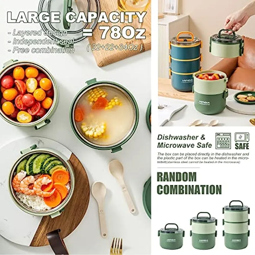 Aroplor Stainless Steel Lunch Box for Adults,3 Layers Insulated Bento Box Japanese Leakproof Divided Food Meal Storage Containers, Portable Cutlery Set Snack Container Outdoor Picnic Green