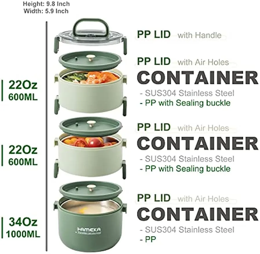 Aroplor Stainless Steel Lunch Box for Adults,3 Layers Insulated Bento Box Japanese Leakproof Divided Food Meal Storage Containers, Portable Cutlery Set Snack Container Outdoor Picnic Green