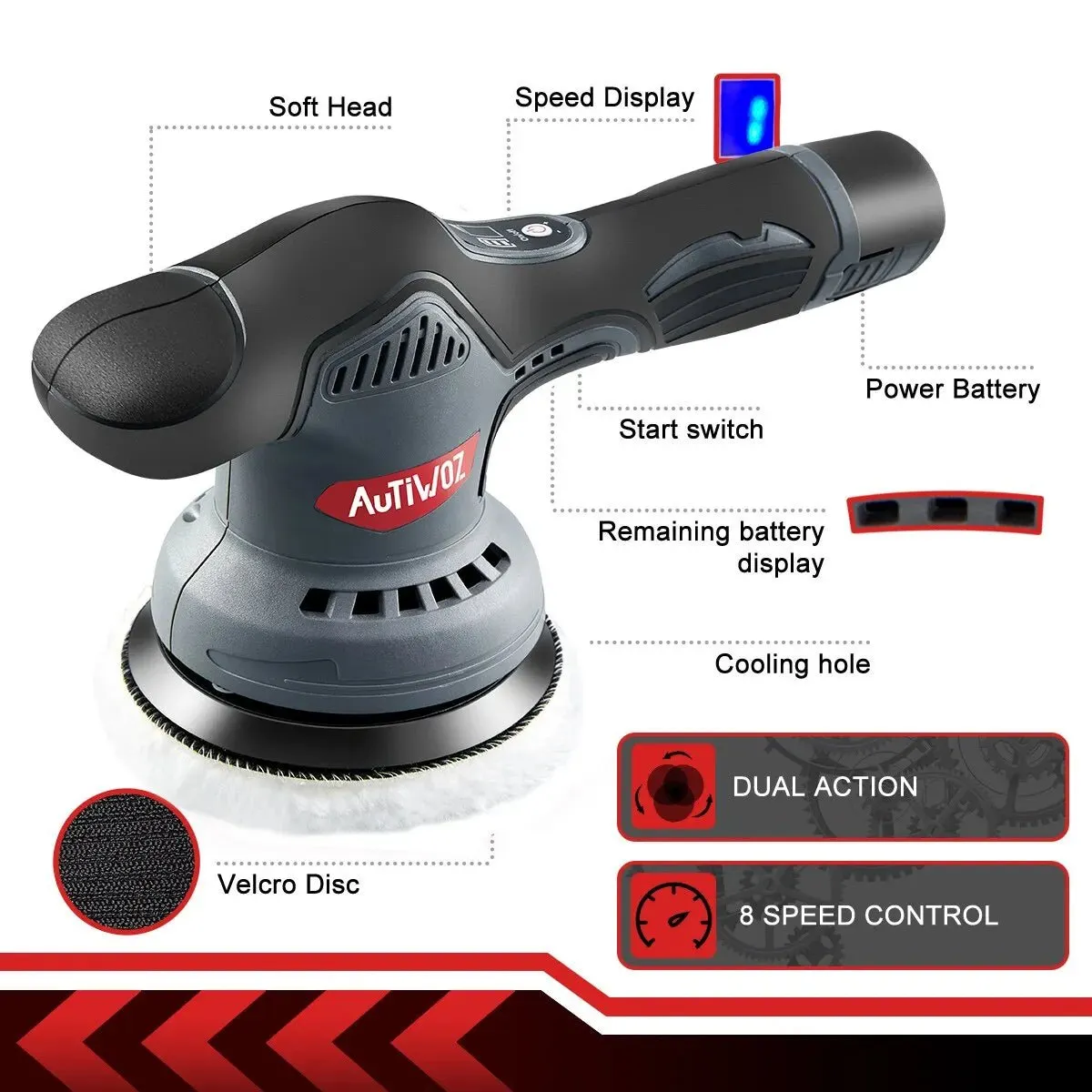 AUTIWOZ Cordless Car Polishing Machine Wireless Car Polisher 5800Rpm Brushless Dual Action Car Polish Machine with 12V Battery