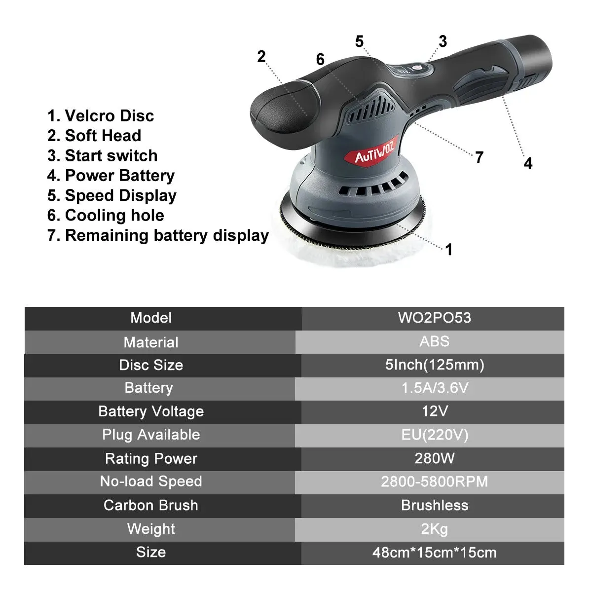 AUTIWOZ Cordless Car Polishing Machine Wireless Car Polisher 5800Rpm Brushless Dual Action Car Polish Machine with 12V Battery