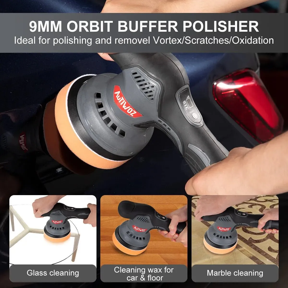 AUTIWOZ Cordless Car Polishing Machine Wireless Car Polisher 5800Rpm Brushless Dual Action Car Polish Machine with 12V Battery