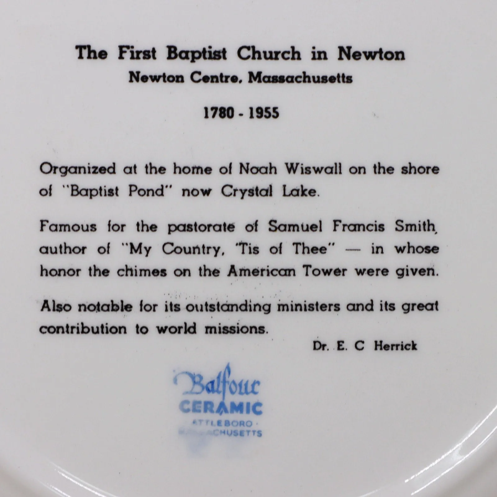 Balfour Ceramic 175th Anniversary First Baptist Church of Boston Newton Plate