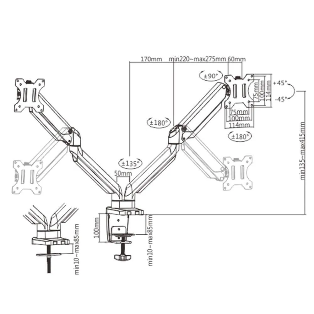 Brateck Bracket 17"-32" Dual Monitor Aluminum Gas Spring Arm Up To 8kg / Monitor Arm (LDT26-C024)
