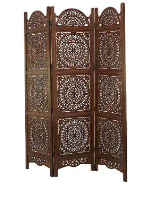 BROWN WOOD FLORAL HINGED FOLDABLE PARTITION 3 PANEL ROOM DIVIDER SCREEN WITH INTRICATELY CARVED DESIGNS, 60" X 1" X 72"