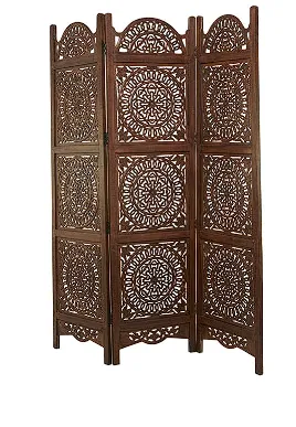 BROWN WOOD FLORAL HINGED FOLDABLE PARTITION 3 PANEL ROOM DIVIDER SCREEN WITH INTRICATELY CARVED DESIGNS, 60" X 1" X 72"