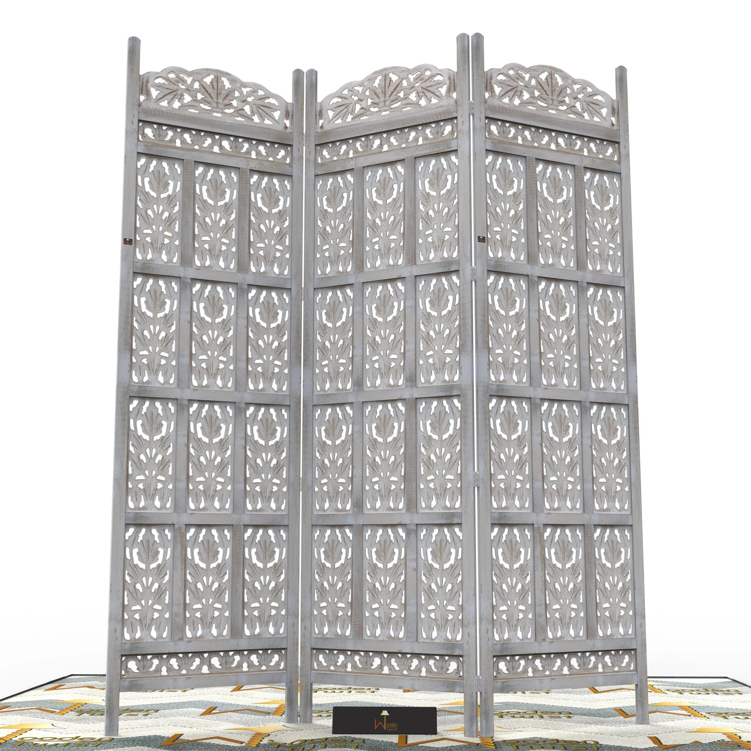 Carved Wood Room Divider Screen Antique White Wash Rustic Finish