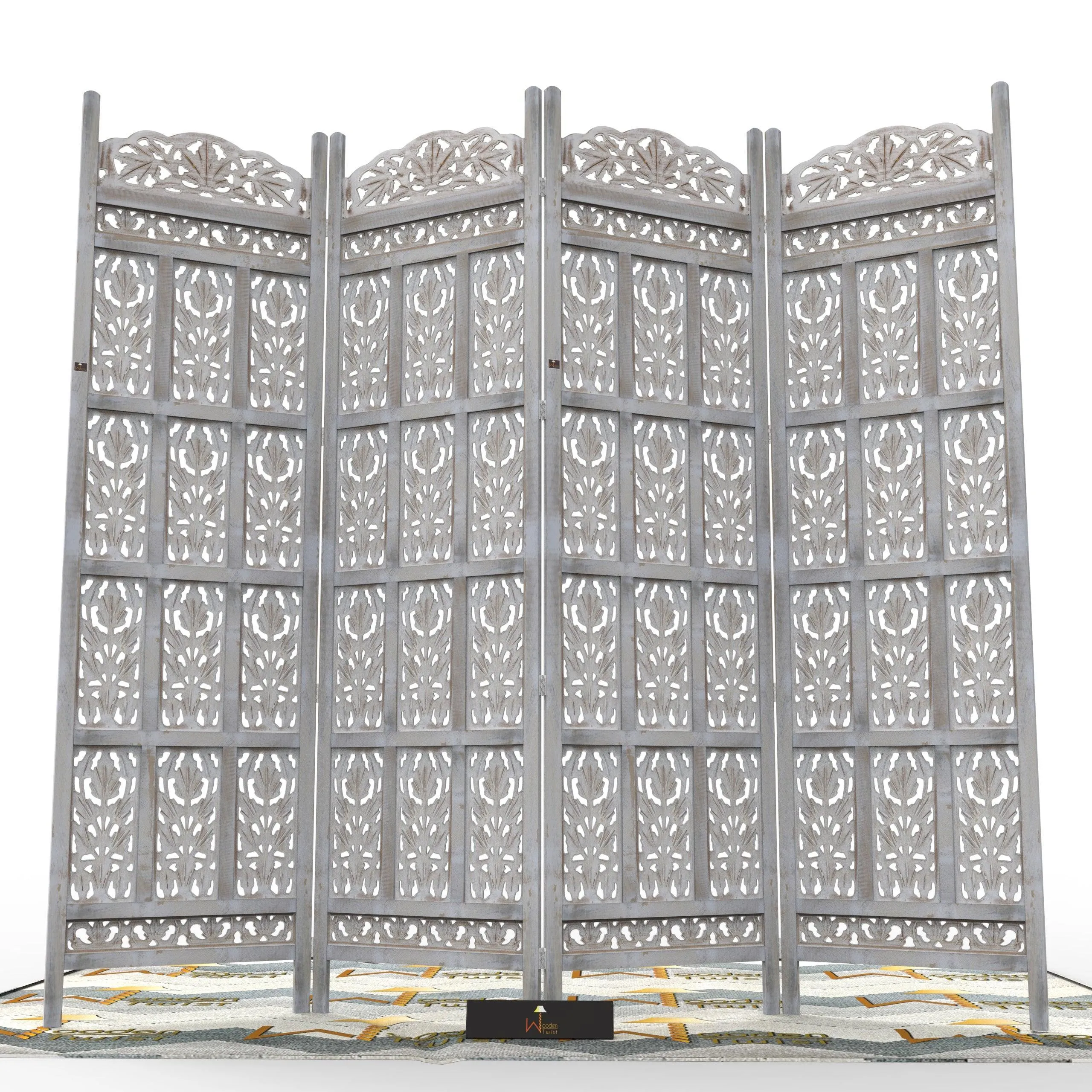 Carved Wood Room Divider Screen Antique White Wash Rustic Finish