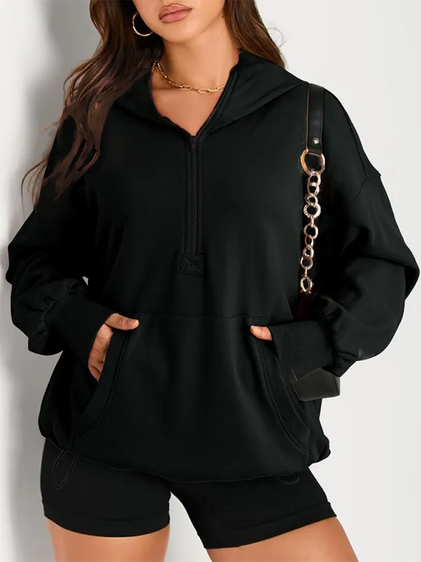 Classic Solid Long Sleeve Half Zippered Hoodie Modern Colors