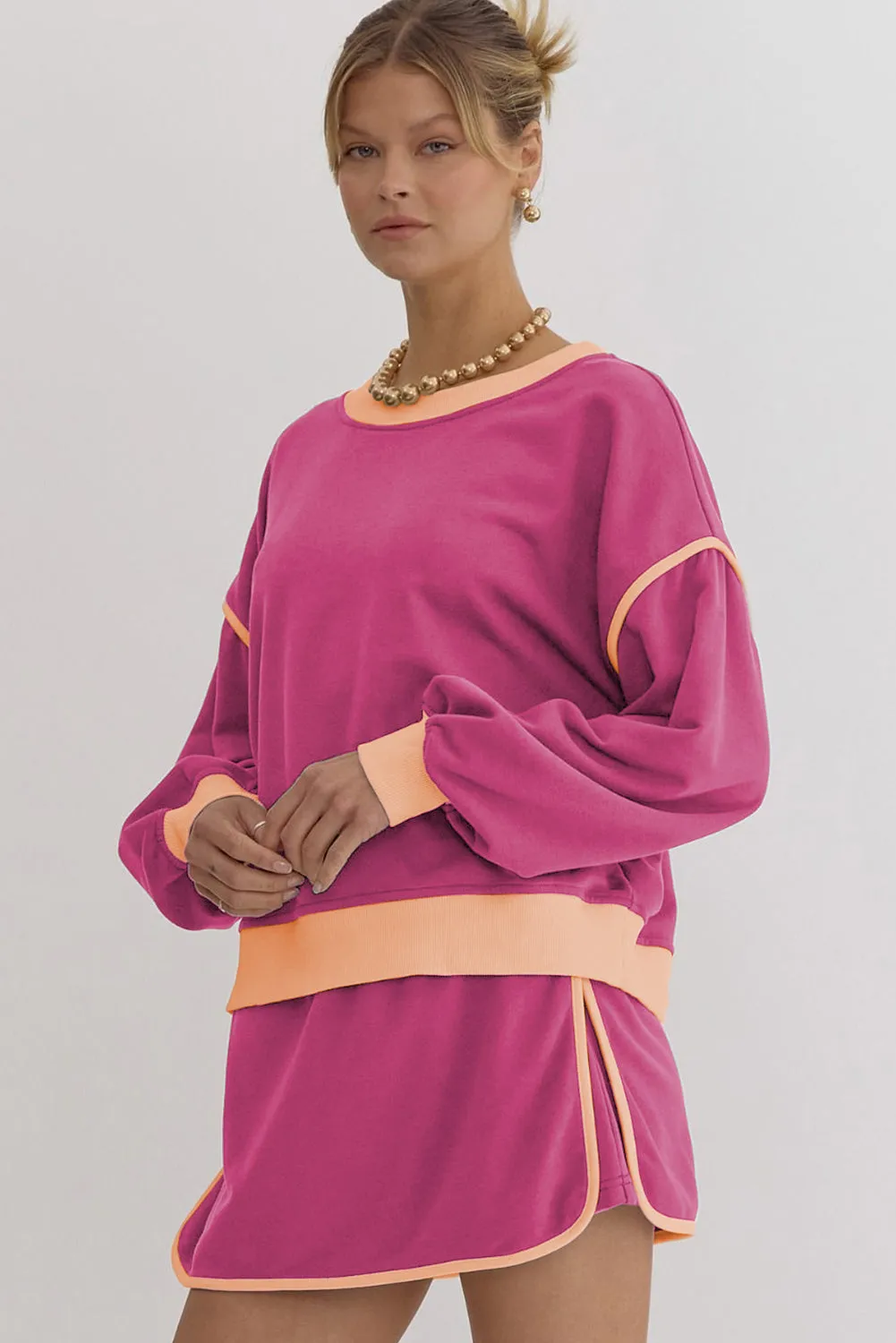 Color Contrast Loose Pullover and Lace-up Waist Skort Set