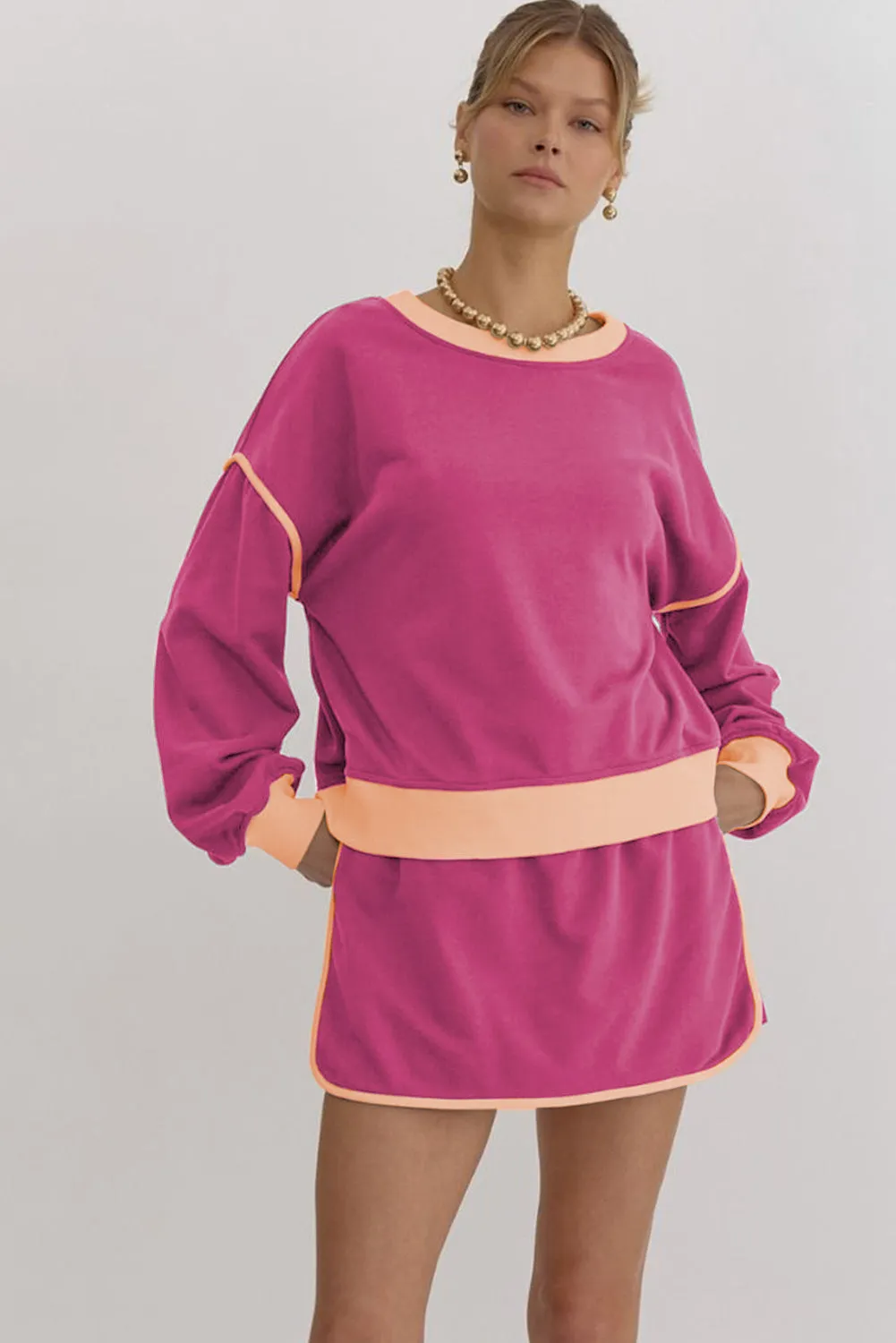 Color Contrast Loose Pullover and Lace-up Waist Skort Set
