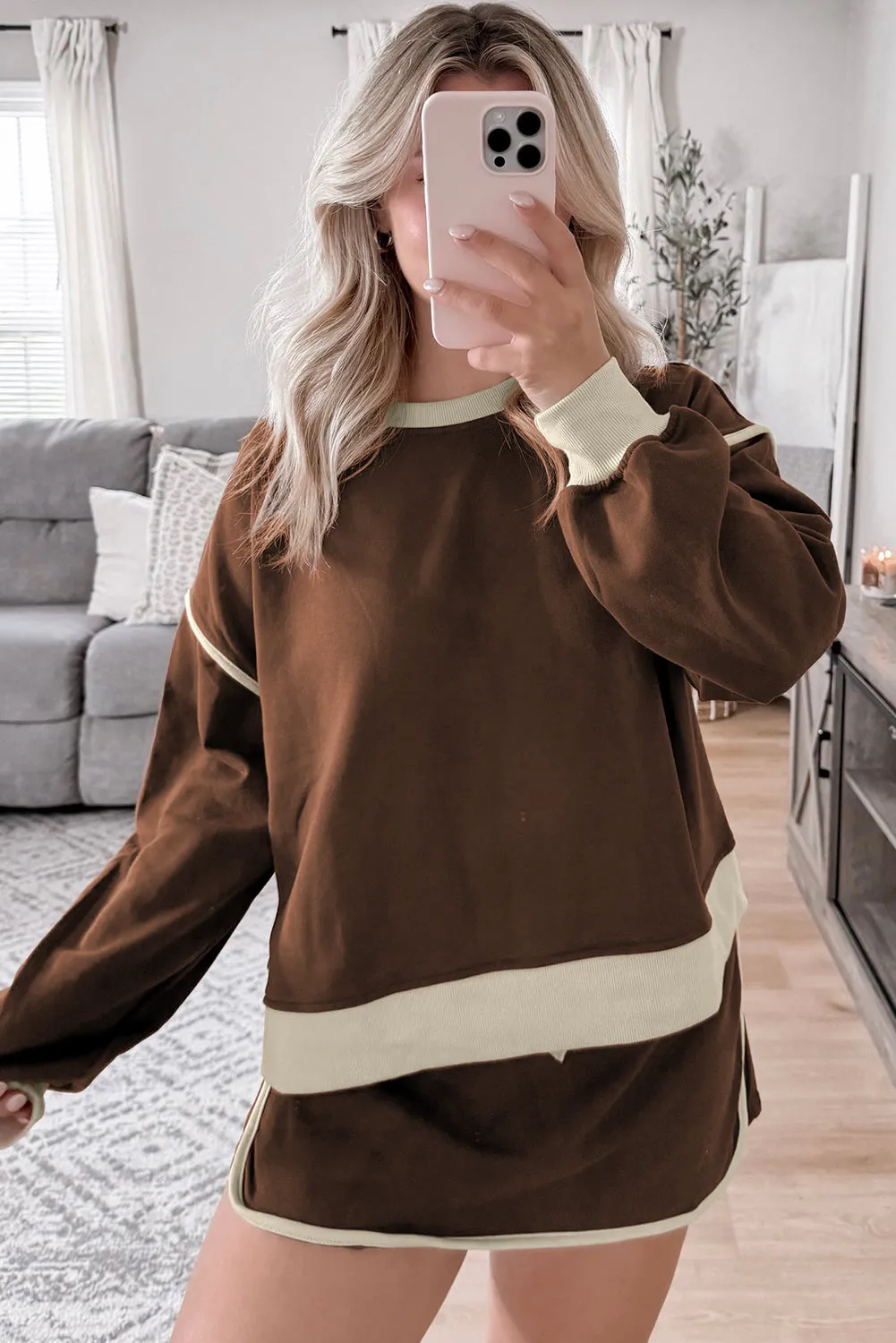 Color Contrast Loose Pullover and Lace-up Waist Skort Set